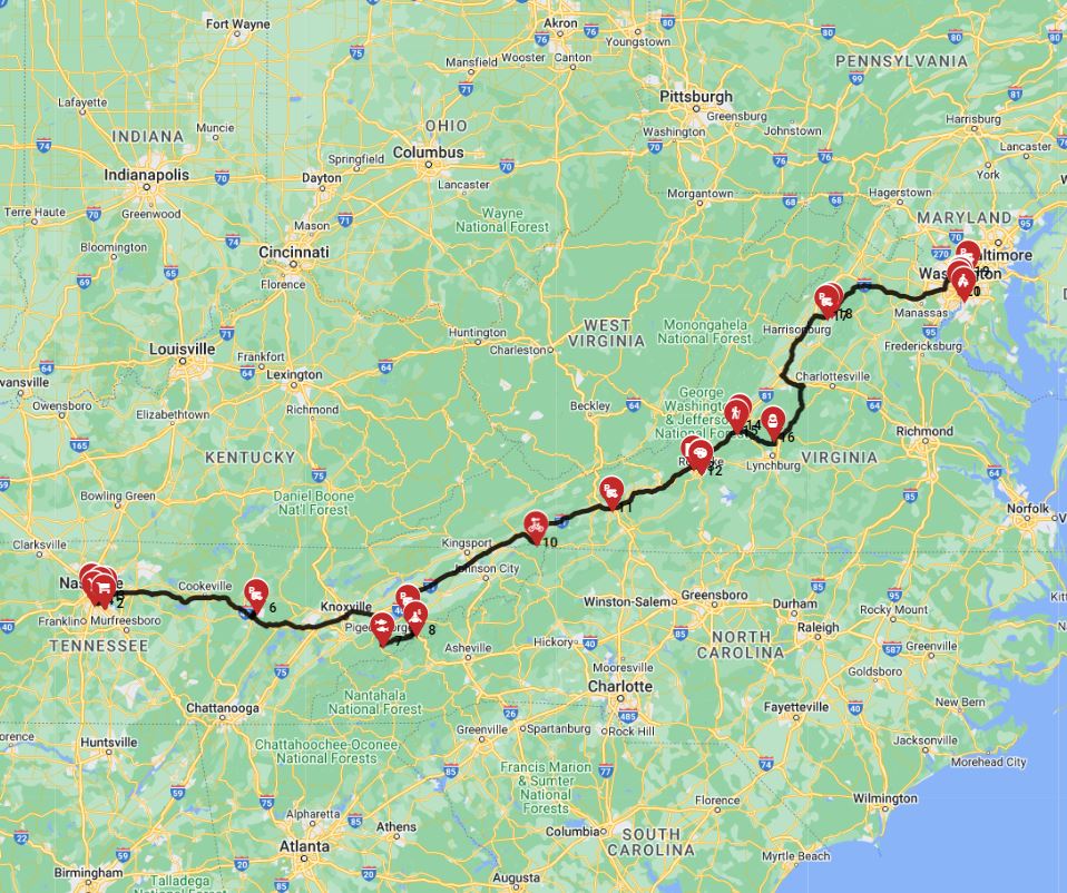 RV route a road trip with a motorhome from Nashville to Washington DC
